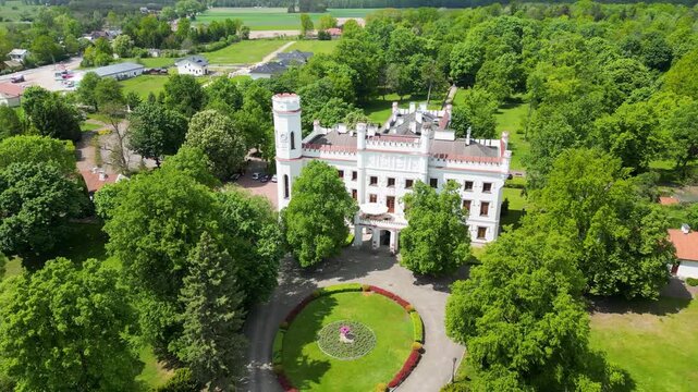 Aerial drone video of palace in Starawies village near Wegrow city, Mazovia region, Poland