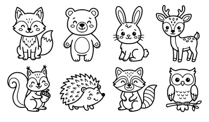 Fototapeta premium Cute forest animals black and white outline vector set woodland characters for coloring book and nursery design