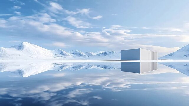 Digital white snow mountains and water surface architectural scenes background