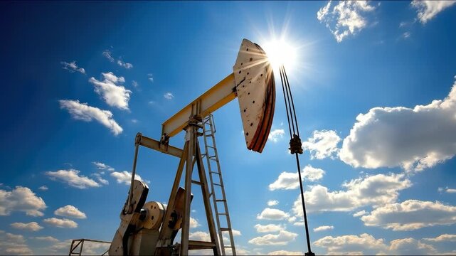 Oil pumpjack operating under a bright sun, symbolizing industrial energy extraction, petroleum production, natural resource management, and essential oilfield technology