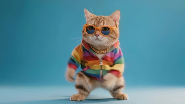 Funny cool ginger cat wearing orange sunglasses, rainbow striped jacket and gold chain dancing against bright blue studio background.