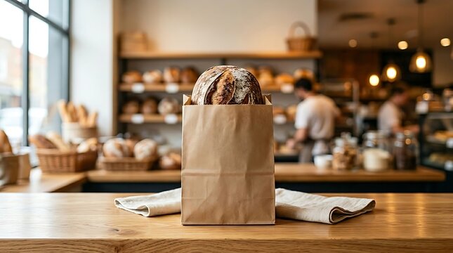 Freshly baked artisanal sourdough bread inside a brown paper bag resting on a wooden counter of a cozy traditional bakery shop with blurred shelves and bakers working in the distant depth.