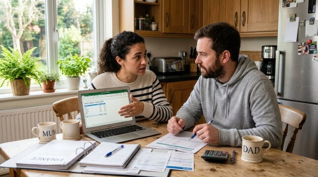 Couple managing household finances, discussing budget details, planning future expenses with laptop, reviewing financial documents, domestic economic strategy