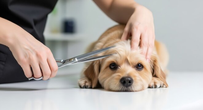 Woman groomer using scissors to trim fur of a golden puppy in a veterinary salon. Professional pet care service. Animal grooming procedure for health and hygiene at grooming clinic.