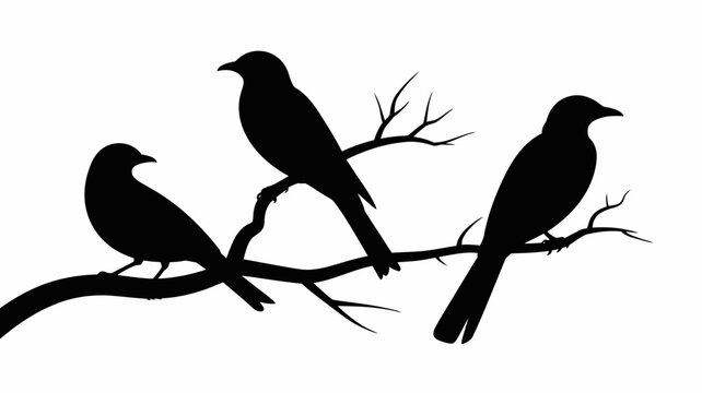 Three black birds perched on a bare tree branch silhouette style