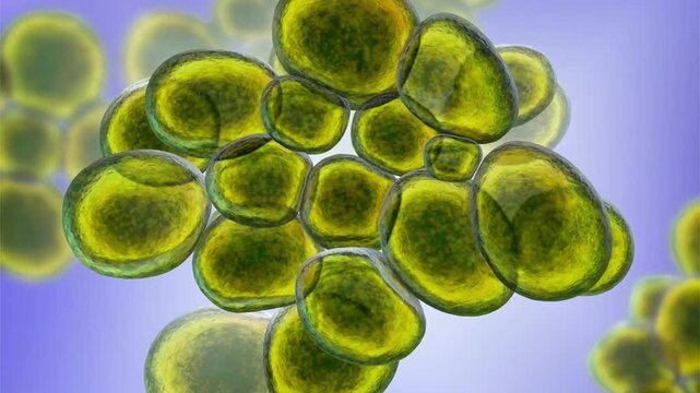 Ureaplasma bacteria, 3D animation showing slowly rotating wall-less bacterial cells, illustrating small mollicutes associated with urogenital tract infections.