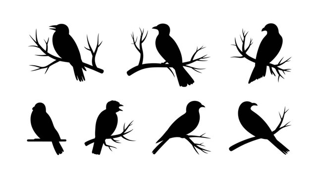 Black silhouette birds perched on tree branches in various poses