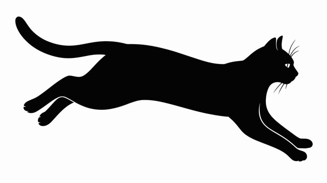 Black silhouette cat mid-jump with extended legs and tail