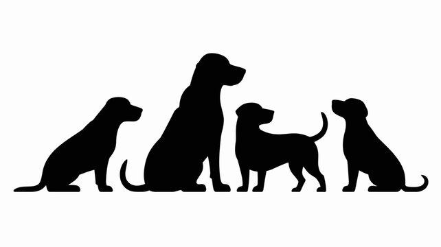 Four black dog silhouettes sitting and standing in a row