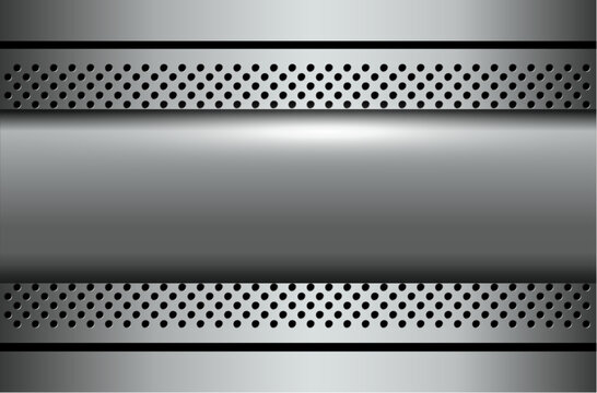 Silver black background, industrial style metal banner on dotts pattern background.