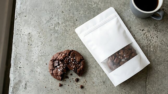 Top view of a blank paper stand up pouch zipper bag with a window showing a delicious chocolate chip cookie next to a hot cup of fresh black coffee on a textured grey concrete stone surface.