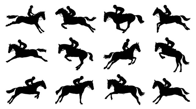 Equestrian silhouettes of riders jumping horses in dynamic action poses