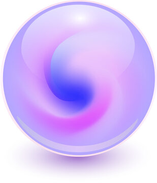 Glass ball with abstract spiral shape inside, shiny purple blue sphere with marble pattern.