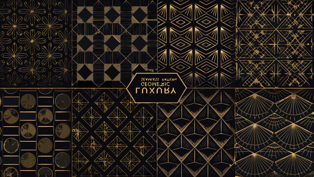 nine square pattern swatches in gold and black vector art deco geometric shapes diamonds circles lines ornamental design elements graphic background