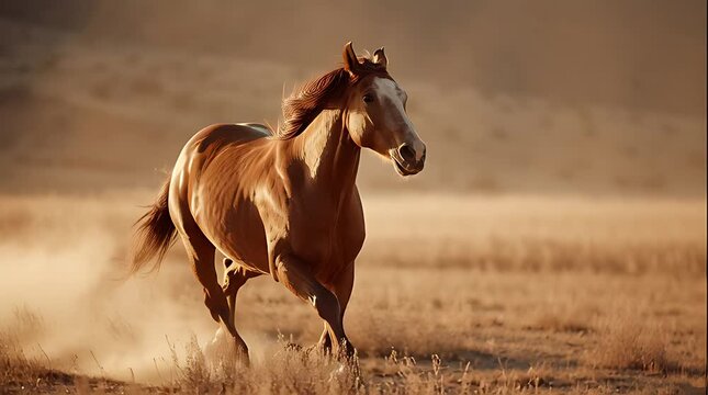 Wild horse galloping through desert landscape at sunset