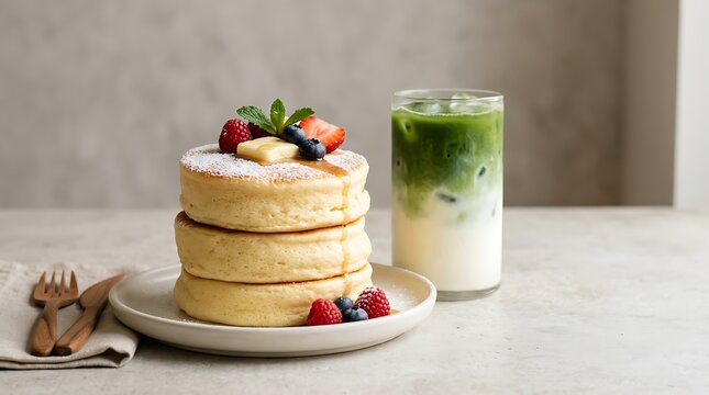 Delicious fluffy Japanese souffle pancakes stacked on a ceramic plate topped with butter fresh berries and sweet maple syrup served alongside a refreshing iced matcha latte for breakfast.