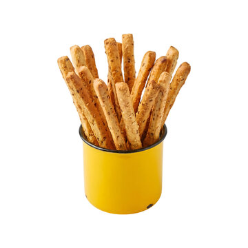 Crispy breadsticks with seeds in a yellow metal mug isolated on transparent background