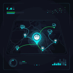 Obraz premium Logistics and transportation network map on a digital screen with glowing blue and green lines