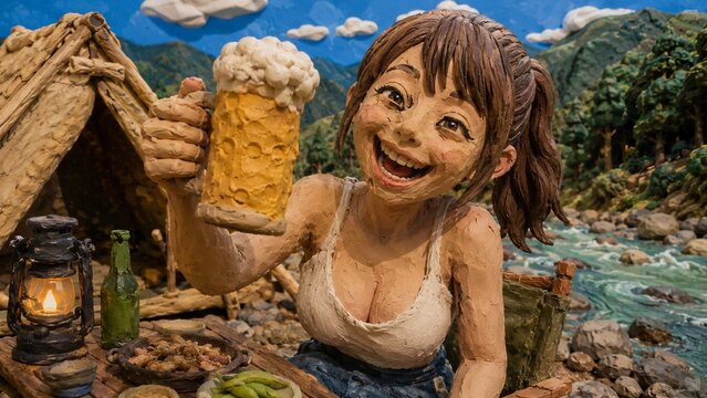 川辺のキャンプでビールを掲げて笑顔で乾杯するクレイアート女性フィギュア
