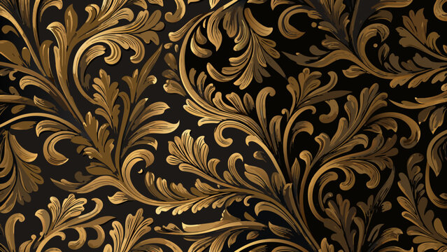 ornate floral pattern in gold on black background baroque scrollwork design vector illustration decorative artistic elegant luxury classical repeating motif texture