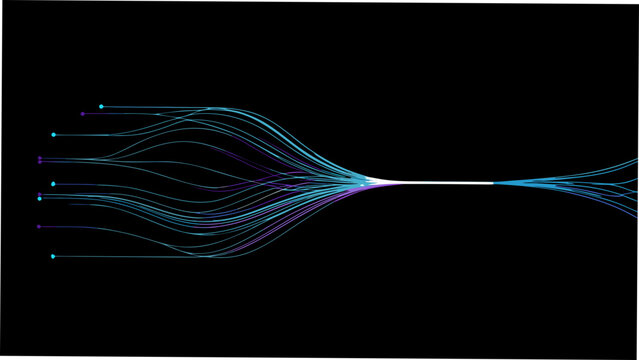 converging lines on black background flow stream pathway connection network intersection graphic design abstract art visual pattern curve line dot endpoint