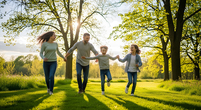 Happy young family holding hands and running together on a lush green grass field in a sunny spring forest park.
