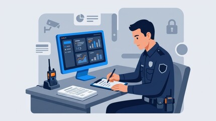 Fototapeta premium A security guard is seated at a desk, writing notes and monitoring a computer screen with security data during work hours.
