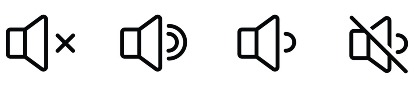 Modern black outline sound volume control icons set with mute on and low volume options
