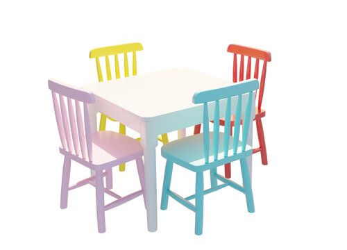 Colorful children's table and chairs isolated on transparent background