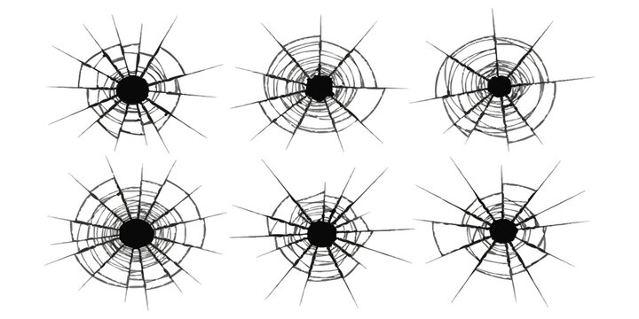 Set of six realistic broken glass cracks with bullet hole impact marks on a dark surface