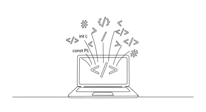 Computer coding and programming concept, abstract symbols flying out