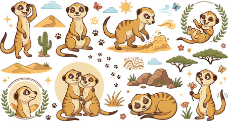 Obraz premium Cute cartoon meerkat character vector set with desert safari nature elements stickers badges icons isolated on white