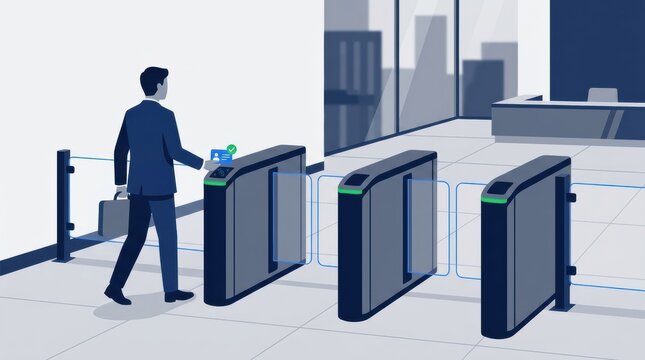A security guard manages entry at a gate using digital access control. The scene is set in an office environment with people nearby.