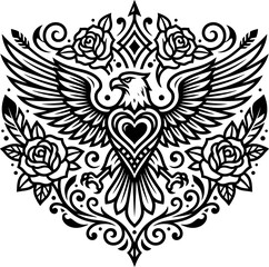 Fototapeta premium Elegant Black and White Dove with Heart and Floral Ornament Vector Illustration. Intricate monochrome dove illustration with heart and decorative roses in ornate design.