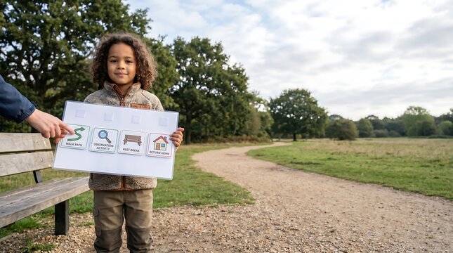 Child holding autism visual communication board outdoors