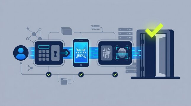Diagram shows steps of multi factor authentication for physical security using a device, phone, and fingerprint verification for access.