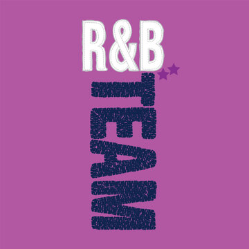 Vertical pink typography design featuring the text R&B Team with a stitched embroidery and chenille patch effect. Perfect for Y2K style t-shirt prints, varsity athletic apparel, and streetwear.