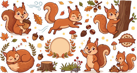 Obraz premium Cute cartoon squirrel character vector set with autumn woodland forest elements stickers badges icons isolated on white