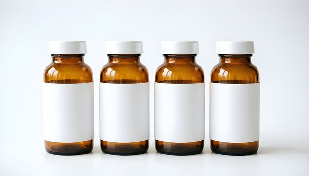 Mockup Botol Kaca Amber Kosong dengan Label Putih Blank untuk Produk Farmasi dan Suplemen