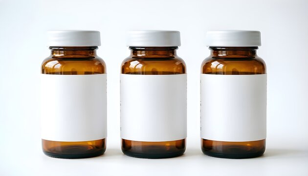 Botol Kaca Amber Kosong dengan Label Putih Blanko untuk Kemasan Obat, Suplemen, Kosmetik, dan Produk Farmasi di Latar Belakang Putih