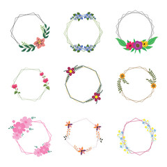 Fototapeta premium Geometric hexagonal floral frames. Flat vector illustration of polygon borders with elegant spring botanical elements.