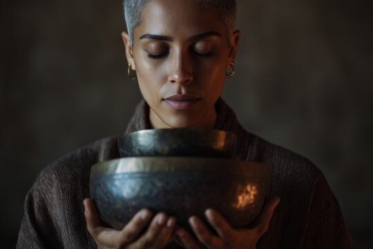 Hispanic nonbinary adult participating in sound healing meditation. Inclusive holistic mental wellness scene. Latin gender neutral person doing meditation with singing bowls, mental wellness, diversit