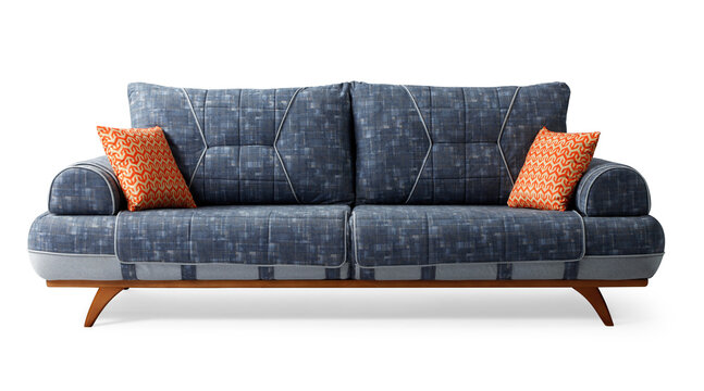 Modern multi-functional sleeper sofa upholstered in blue-gray textured fabric with wooden legs and orange geometric accent pillows, isolated on a white background.