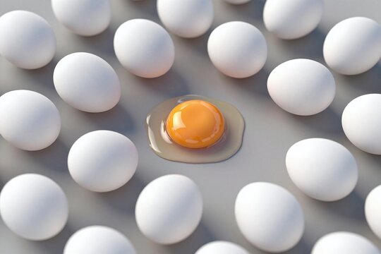 A group of white eggs with a yellow egg in the middle