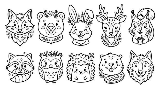 Woodland animal heads coloring book bundle cute forest cartoon characters vector illustration