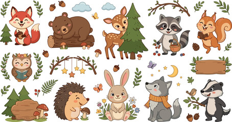 Fototapeta premium Cute cartoon woodland forest animals vector set with autumn nature elements stickers badges icons isolated on white