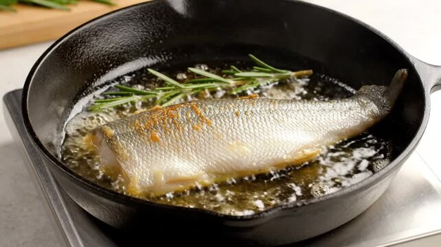 Delicious pan-fried fish fillet cooking in hot oil with herbs, offering a close-up cooking demonstration