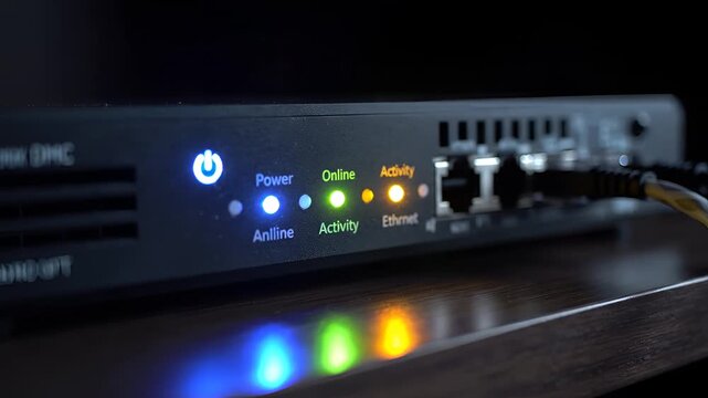 Closeup of a network router with illuminated status lights.