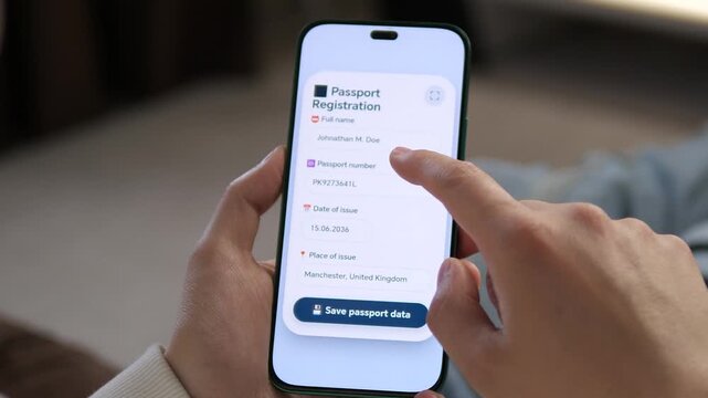 Modern travel preparation. Person registers their passport data online using a sleek smartphone app. Perfect for tourism, travel insurance, and international documentation content. Realistic UI design