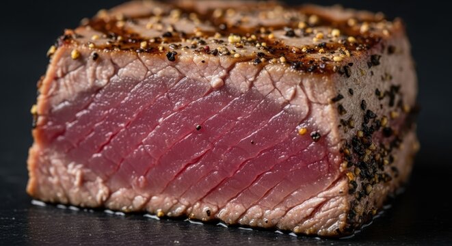 Extreme Close-Up of Perfectly Seared Tuna Steak with Black Pepper and Sea Salt Crust